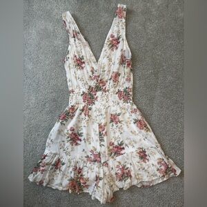 American Eagle Outfitters Cream Floral V-Neck Romper with Rose Print